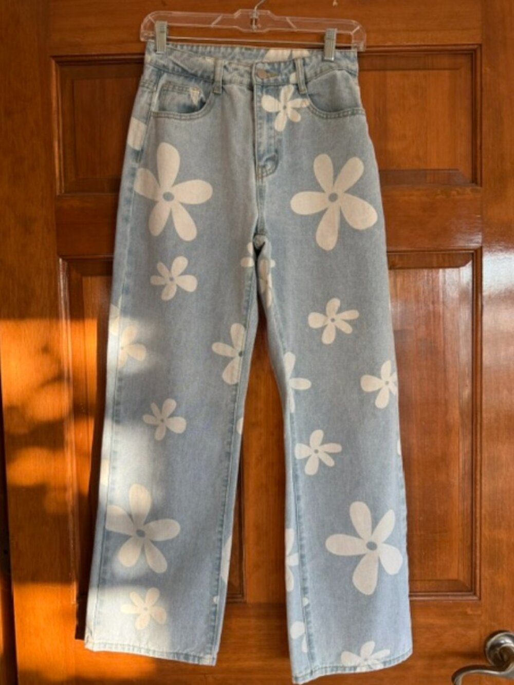 Light Blue Wide Leg Jeans with White Flowers by Shein Size 4 In Great Condition